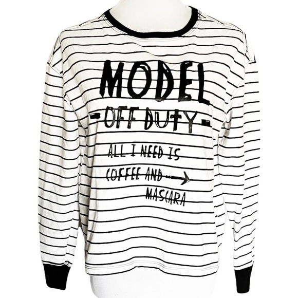 Model Off Duty Graphics Black White Striped Ringed Long Sleeve Tee Shirt… - Picture 3 of 12